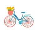 Romantic illustration about spring featuring a bicycle with a flower basket in pastel colours. Vector illustration flat design ret