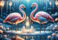 Romantic image couple pink flamingos. Generative AI