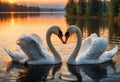 Romantic image couple swans on the lake at sunset. Generative AI