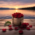 Romantic image of a gift box with red roses inside, surrounded by rose petals on wooden boards against sunset Royalty Free Stock Photo