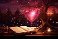 A romantic image with an open book of poems and a tree with a magical love heart in the background.