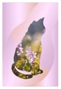 Romantic image of a sitting cat with double exposure design. Spring flowers in frame of cat silhouette Royalty Free Stock Photo