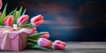 The romantic image of tulips on a wooden background conveys the spirit of Valentine's Day. Copy space. banner Royalty Free Stock Photo