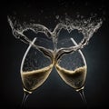 Romantic Image of two champagne glasses with splash on valentine`s day. Ai generated art