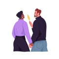 Romantic interracial couple of man and woman walking, holding hands and looking at each other with love. Happy biracial