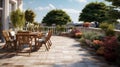 Romantic italian style Terrace with wooden deck lots of plants and armchairs