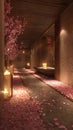 Romantic Japanese hallway with cherry blossoms and candles Royalty Free Stock Photo