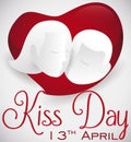 Romantic Couple over Heart Shape Celebrating International Kiss Day, Vector Illustration