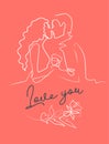 Romantic kiss of two lovers line vector drawing for greeting cards, posters and planner stickers.