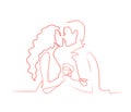 Romantic kiss of two lovers one line vector drawing.