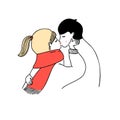 Romantic kiss of young blonde girl with ponytail and man. Line doodle illustration. Valentine`s day minimalism drawing.