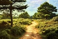 Romantic, kitschy heathland with a sandy path through the heather bushes, made with generative ai Royalty Free Stock Photo