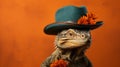 Romantic Komodo Dragon: Close-up Lizard With Blue Hat On Orange Background