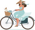 Romantic lady riding on a vintage bicycle with her dog in a basket