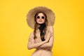Romantic lady in straw hat sunglasses model dress emotions
