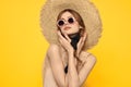 Romantic lady in straw hat sunglasses model dress emotions