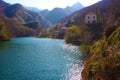 The romantic lake of Isola Santa in Tuscany, in the mountains of the Apuan Alps. panorama out of focus with a bit of mist Royalty Free Stock Photo