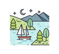 Romantic lake trip on starry night line art illustration. Colorful outline scenery with a boat sailing in the river near