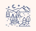 Romantic lake trip on starry night lineart illustration. Linear sailboat in mountain lagoon waters. Outdoor recreation