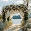 Romantic lakeside affair wedding ceremony adorned with white flowers