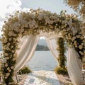 Romantic lakeside affair wedding ceremony adorned with white flowers