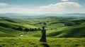 Romantic Landscape: Girl In Olive Dress Walking Down A Green Hill