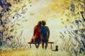 Romantic landscape - A loving couple and cat - young man and beautiful girl are sitting on bench and enjoying beautiful view of ye Royalty Free Stock Photo