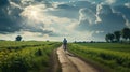 Romantic Landscape: A Man Riding His Bike Through Fields Royalty Free Stock Photo