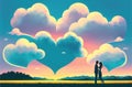 Romantic Landscape for Valentine\'s Day with Couple In Love and Heart Shaped Clouds