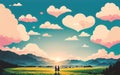 Romantic Landscape for Valentine\'s Day with Couple In Love and Heart Shaped Clouds