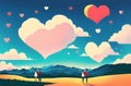 Romantic Landscape for Valentine\'s Day with Couple In Love and Heart Shaped Clouds