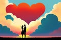 Romantic Landscape for Valentine\'s Day with Couple In Love and Heart Shaped Clouds