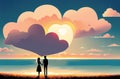 Romantic Landscape for Valentine\'s Day with Couple In Love and Heart Shaped Clouds