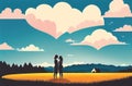 Romantic Landscape for Valentine\'s Day with Couple In Love and Heart Shaped Clouds