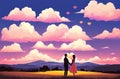 Romantic Landscape for Valentine\'s Day with Couple In Love and Heart Shaped Clouds