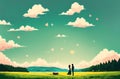 Romantic Landscape for Valentine\'s Day with Couple In Love and Heart Shaped Clouds