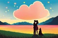 Romantic Landscape for Valentine\'s Day with Couple In Love and Heart Shaped Clouds