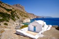 Romantic landscape view of beach with chapel on Amorgos, Greece