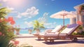 Romantic Landscape Vistas Unreal Engine Style Lounge Chairs, Umbrella, Palm Tree