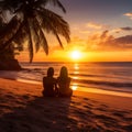 Romantic lesbian couple on beach at sunset