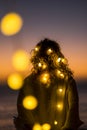 Romantic life concept with standing lady and yellow bulb romance light - defocused natural outdoor background with coloured sunset