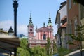 Romantic Ljubljana`s city center: river Ljubljanica, Triple Bridge, Tromostovje, Preseren square and Franciscan Church of the Royalty Free Stock Photo