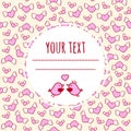 Romantic love background with cute winged hearts and birds. Valentine`s Day greeting card.