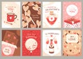 Romantic love cards set for greetings to valentines day and sharing adoration with cute design