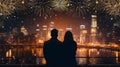 Romantic love in the city lights. Couple admiring night cityscape panoramic view with fireworks. Generative ai