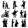 Romantic love couples vector silhouettes for valentines day and wedding card Royalty Free Stock Photo