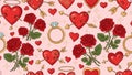 Romantic Love Elements Seamless Pattern with Hearts, Roses, and Engagement Rings Royalty Free Stock Photo