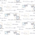 Romantic love letters seamless vector pattern on white. Inscriptions wrap paper design with mail stamps.