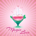 Romantic love potion in a heart shaped glass flask, vector illustration. Postcard for Saint Valentine s Day. Love magic Royalty Free Stock Photo