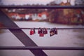 Romantic lover padlocks on a bridge in a symmetric row Royalty Free Stock Photo